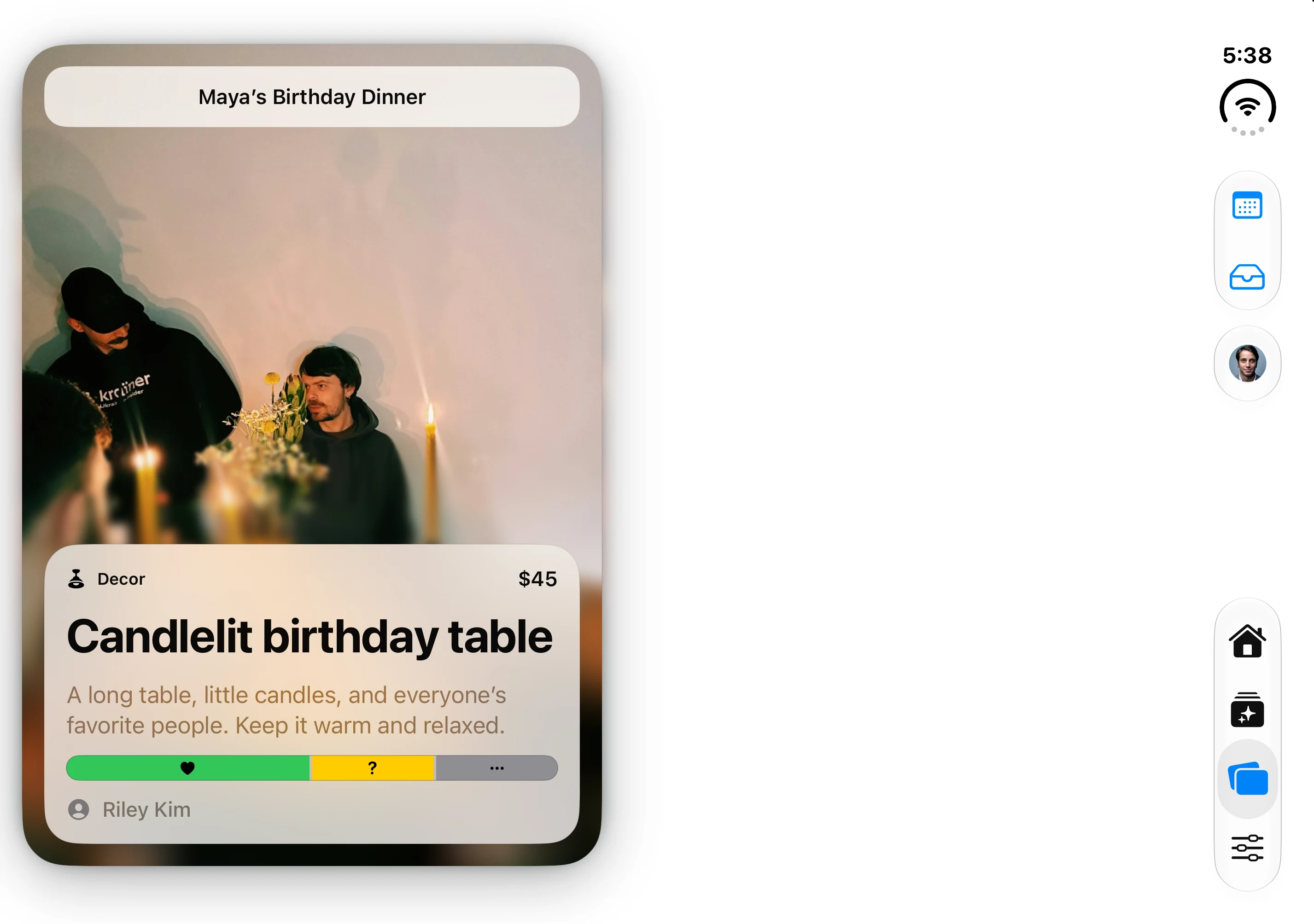 Gatherory Decide in the iPhone Duo layout, displaying a dinner idea and example team input.