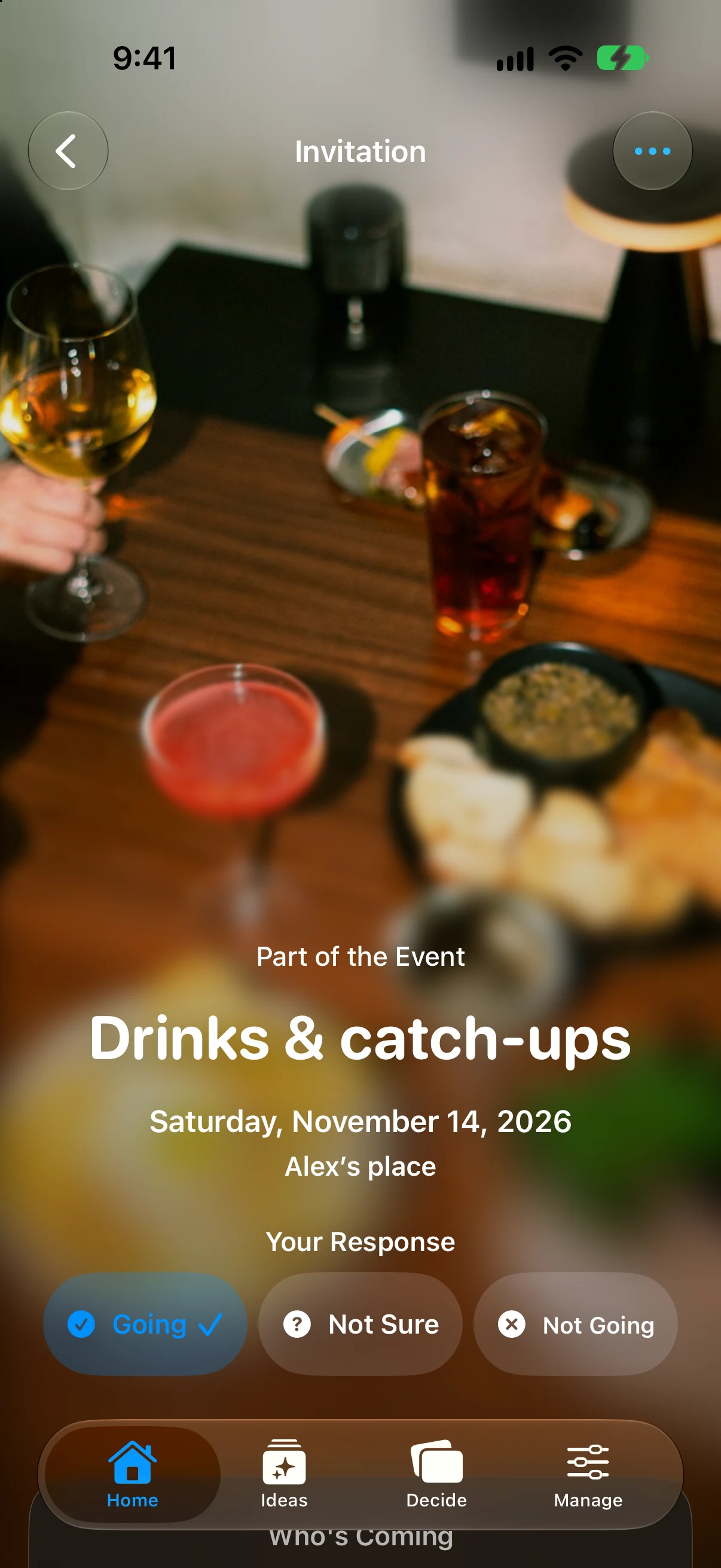 Gatherory invitation for Drinks & catch-ups, a related birthday event, with RSVP choices.