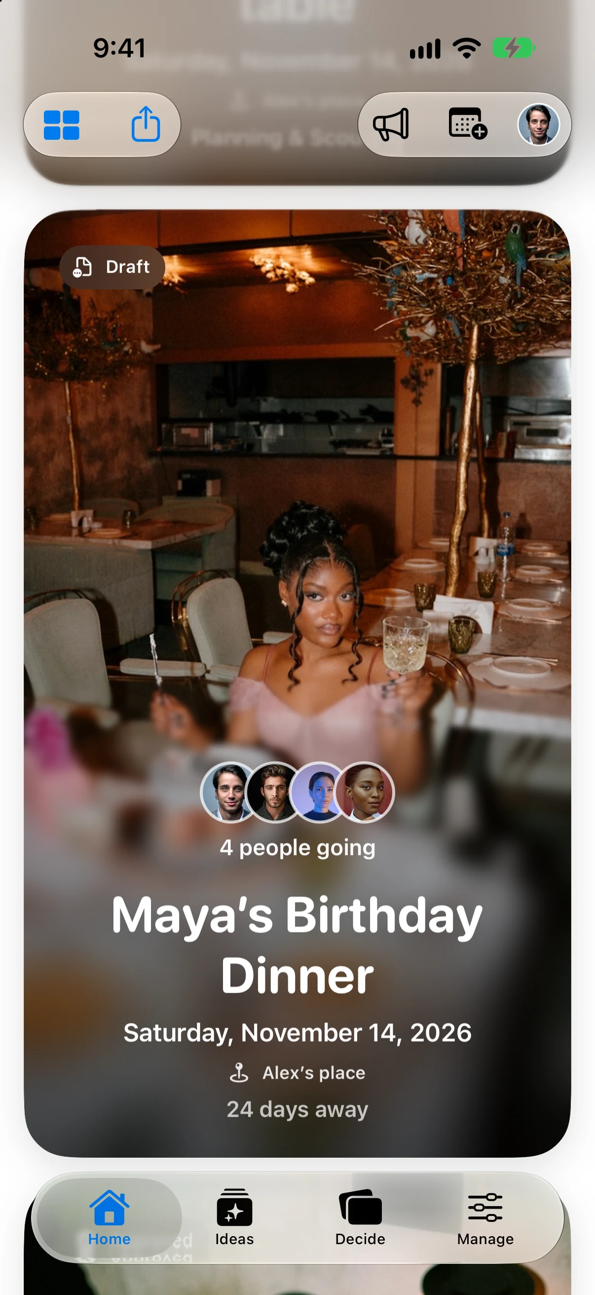 Gatherory Home showing the Maya’s Birthday Dinner event card and example attendees.