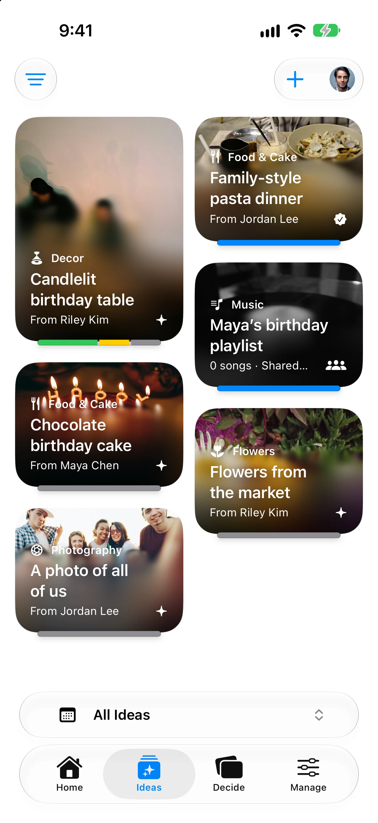 Gatherory Ideas screen on iPhone showing photos for Maya’s Birthday Dinner ideas