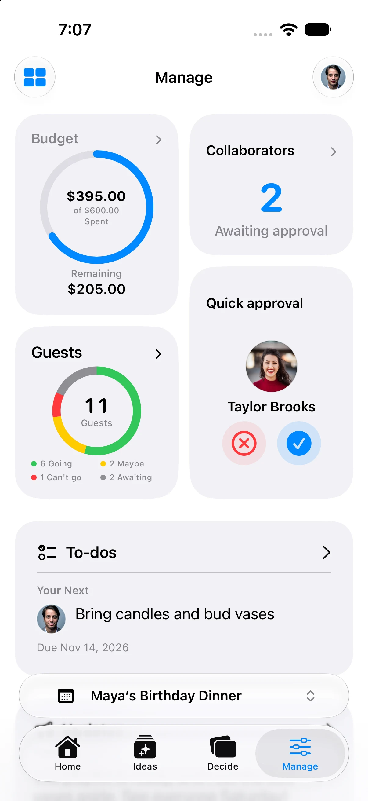 Gatherory Manage showing the birthday dinner budget, guest responses, approvals, and next task.